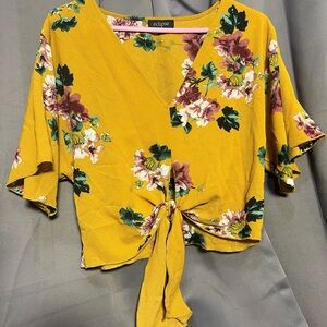 Mustard Floral Tie-Front Blouse